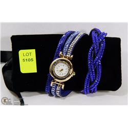 NEW QUARTZ BRACELET WATCH BLUE WITH VELVET POUCH