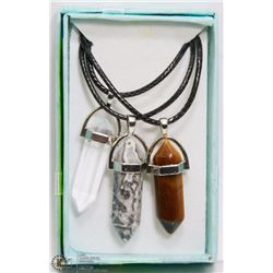 LOT OF 3 PRECIOUS STONE PENDANTS ON LEATHERETTE