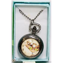 BLACK TONED STEAM PUNK CAT POCKET WATCH WITH CHAIN
