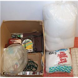 BOX OF SEWING SUPPLIES, STUFFING AND MORE!