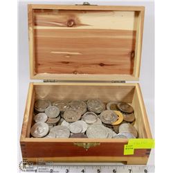 WOOD BOX FILLED WITH CANADIAN COINS, AMERICAN