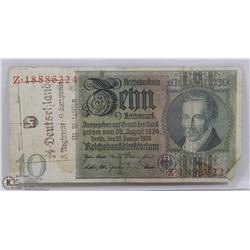 GERMAN 10 MARKS NAZI  STAMPED  SS