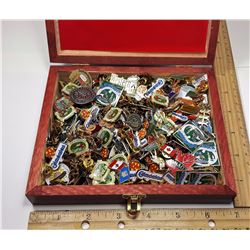 #7 - WOODEN BOX FILLED WITH DOZENS OF PINS