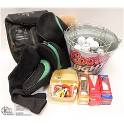 LARGE BOX OF GOLF SUPPLIES INCL. CLUB