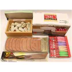 LOT OF VINTAGE HOUSEHOLD GOODS: RAMEKINS, LEATHER