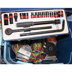 TOTE WITH MISC. INCL SOCKETS, CHAIN, NEW ROPE,VISE
