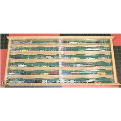 LOT OF 61 HOT WHEEL CARS WITH WOOD DISPLAY SHELF