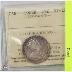1902H CANADIAN 25 CENT COIN W/ COA