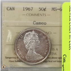 1967 CANADIAN 1 DOLLAR CAMEO SILVER COIN W/ COA