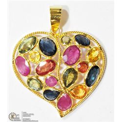 18K YELLOW GOLD SAPPHIRE & RUBY HEART PENDANT
