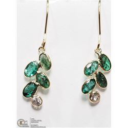 14K YELLOW GOLD EMERALD & SAPPHIRE LEAF EARRINGS