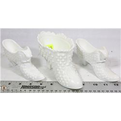 GROUP OF 3 MILK GLASS HOBNAIL SHOES