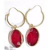 Image 2 : 14K YELLOW GOLD LARGE RUBY HOOP EARRINGS