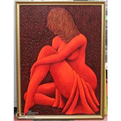 RED AND GOLD TONE ABSTRACT BODY OIL ON CANVAS