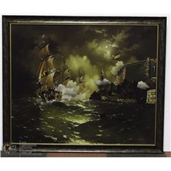 LARGE FRAMED "BRITISH SHIPS FIRING" OIL ON CANVAS