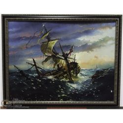 FRAMED FULL COLOR SINKING BRITISH SHIP OIL ON