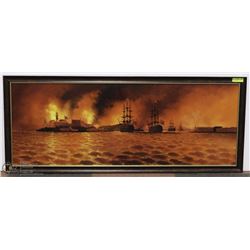 SIGNED "ORLY" FRAMED FORT ON FIRE & BRITISH SHIP