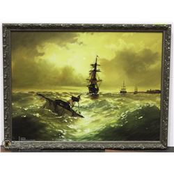 "STORMY WATERS" SHIP PRINT FRAMED 34"X26"