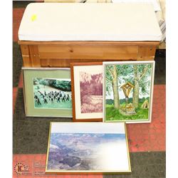 PINE BENCH WITH 4 ASSORTED ESTATE PICTURES