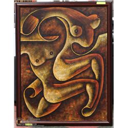 FRAMED ORANGE TONED ABSTRACT BODY OIL ON CANVAS