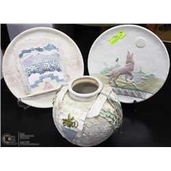 3 PIECES OF NAVAJO POTTERY - VASE & 2 DECO PLATES: