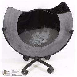 ABSTRACT ROUND GLASS VASE ON HEAVY METAL STAND