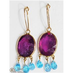 14K YELLOW GOLD RUBY & BLUE TOPAZ HOOP EARRINGS