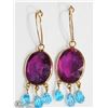 Image 1 : 14K YELLOW GOLD RUBY & BLUE TOPAZ HOOP EARRINGS