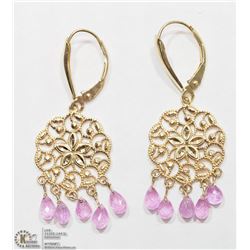 14K YELLOW GOLD PINK SAPPHIRE FILIGREE EARRINGS