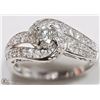 Image 2 : 10K WHITE GOLD DIAMOND HALO SWIRL RING