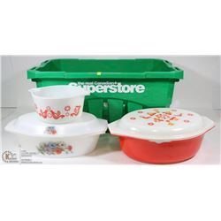 2 FLORAL PYREX BAKEWARE WITH LIDS  AND MIXING BOWL