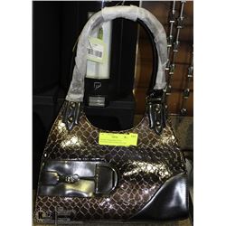 BROWN SNAKESKIN STYLE HANDBAG WITH STIRUP ACCENT
