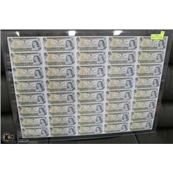 SHEET OF 1973 UNCUT CANADIAN $1.00 BILLS