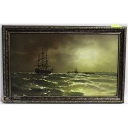 FRAMED OIL ON CANVAS SHIP ON OCEAN PAINTING