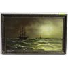 Image 1 : FRAMED OIL ON CANVAS SHIP ON OCEAN PAINTING