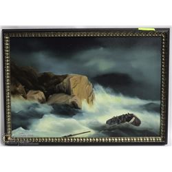 FRAMED TEAL TONED COLOR OIL ON CANVAS PAINTING OF