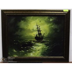 FRAMED GREEN TONED SHIP ON WATER OIL ON CANVAS