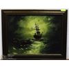 Image 1 : FRAMED GREEN TONED SHIP ON WATER OIL ON CANVAS