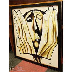 "HELMES" FACE IN HANDS OIL ON CANVAS PAINTING