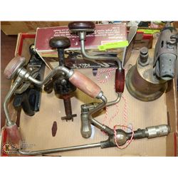 FLAT OF VINTAGE TOOLS INCL HAND DRILL, TORCH