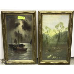 2 VINTAGE 1930s FRAMED 13X21 PICTURES