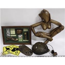 LOT OF WOOD CARVINGS, INCL MASKS, SCULPTURE,