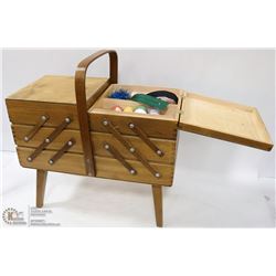VINTAGE ACCORDIAN SEWING BOX WITH CONTENTS