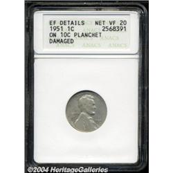 1951 1C Cent--Struck on 10C Planchet, Damaged--ANACS. XF Details, Net VF20.