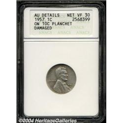 1957 1C Cent--Struck on Dime Planchet, Damaged--VF30 ANACS. AU Details, Net VF30.