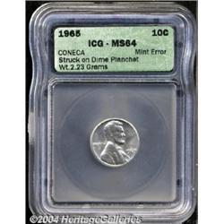 1965 10C Cent--Struck on Dime Planchet--MS64 ICG.