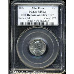 1976 MS Cent--Double Denomination, Struck on Ten Cent Planchet--MS63 PCGS.