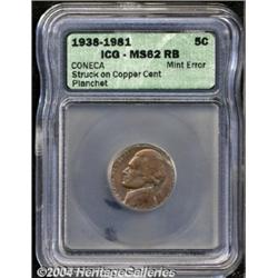 Undated 5C Jefferson Nickel--Struck on Copper Cent Planchet--MS62 Red and Brown ICG.