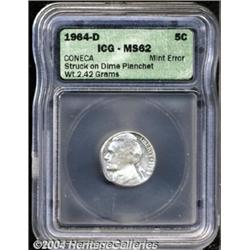 1964-D 5C Nickel--Struck on Dime Planchet--MS62 ICG.