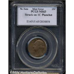 Undated 25C Washington Quarter, Eagle Reverse--Struck on Cent Planchet--MS63 PCGS.